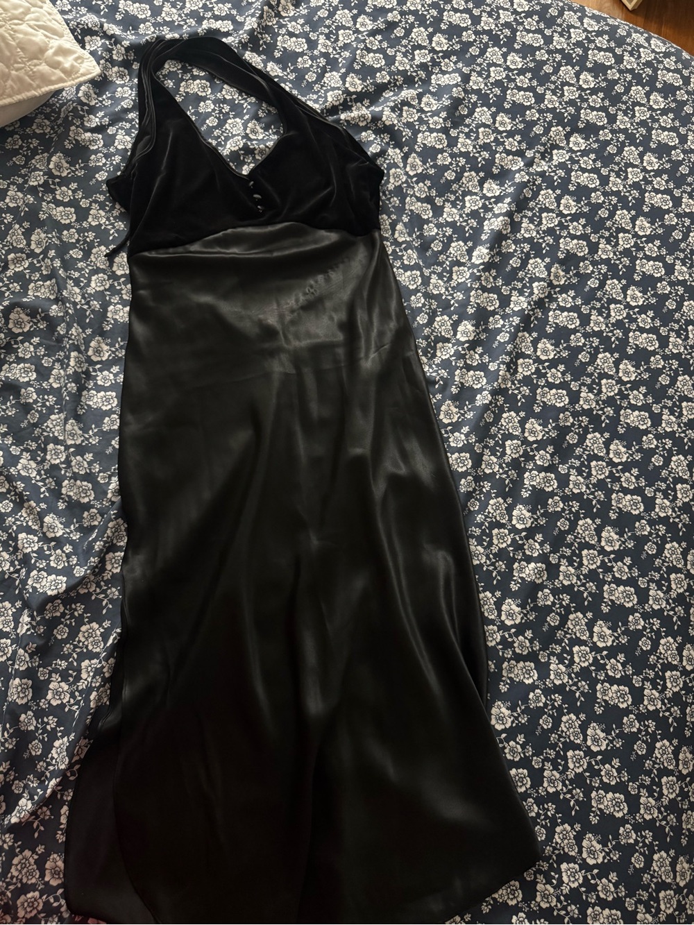 Black Velvet & Satin Maxi Halter Dress - Classic Evening Slip